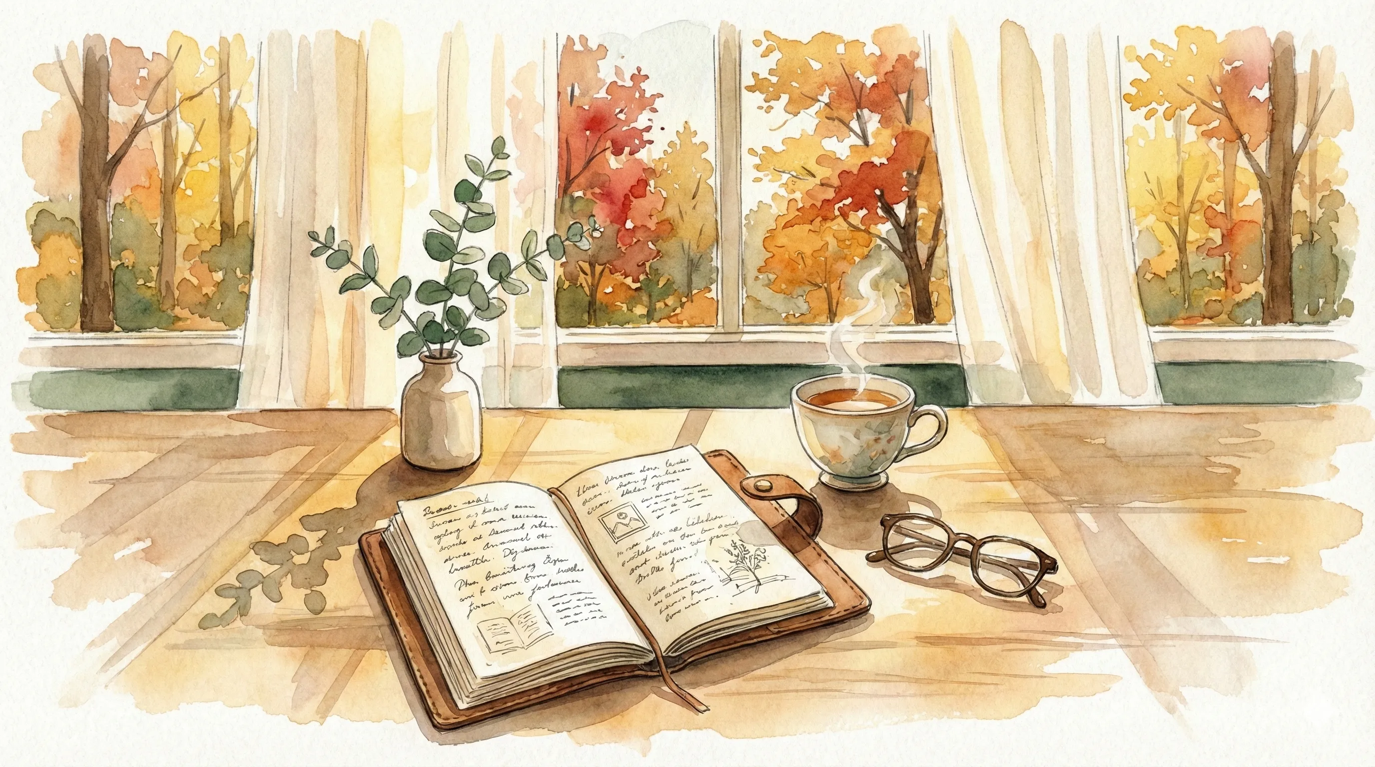 Watercolor illustration of an open book by a window with autumn trees